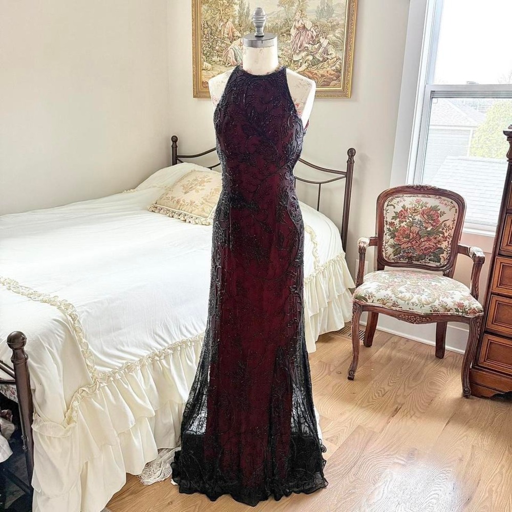 Red beaded fairy prom dress  black‎ silk beaded halter dress size small